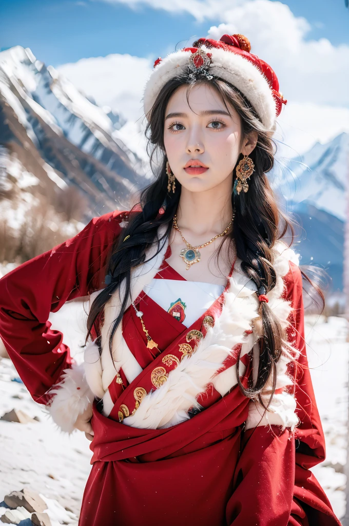 (masterpiece, best quality:1.2),red Tibetan clothing,1 Tibetan girl, blue sky, cloud, cloudy sky, day, earrings,Plush hat, horizon,Tibetan Earrings,jewelry,necklace, lips,snow mountain, outdoors, parted lips, red lips, solo,flat chest,close-up of face