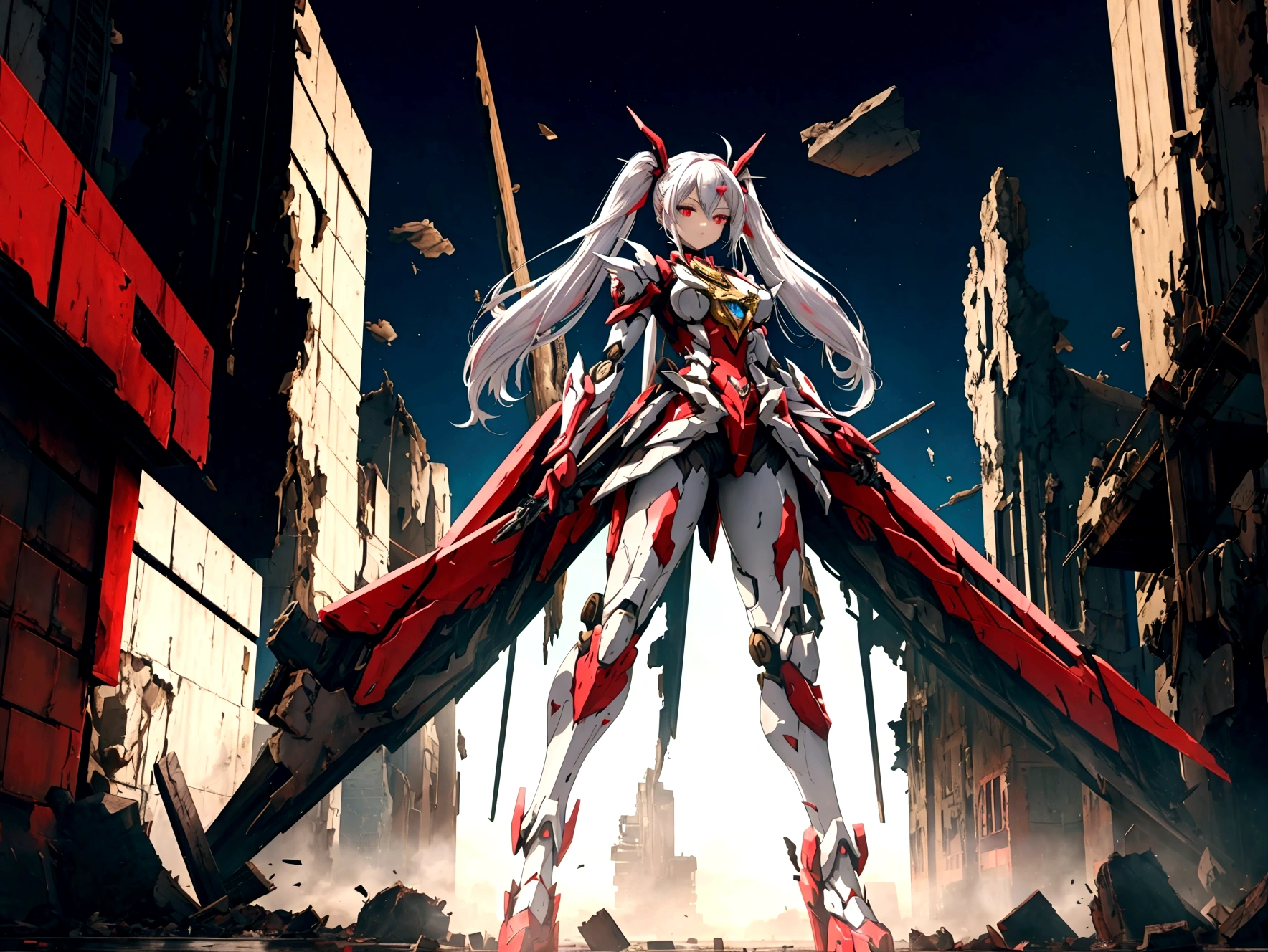 A striking mecha-style magical girl with long, white hair styled elegantly in twin tails, framing her striking red eyes. She stands confidently, her entire body turned towards the viewer, clad in a crimson-colored, intricately designed magical girl-inspired mecha armor. The suit encompasses her from head to toe, emphasizing her feminine curves. The background shows a desolate and destroyed cityscape, littered with rubble and debris, reflecting the aftermath of an apocalyptic battle or a cataclysmic event. The mecha magical girl appears to be standing amidst the ruins, her expression calm and resolute, as if she is the harbinger of hope in this desolate landscape.