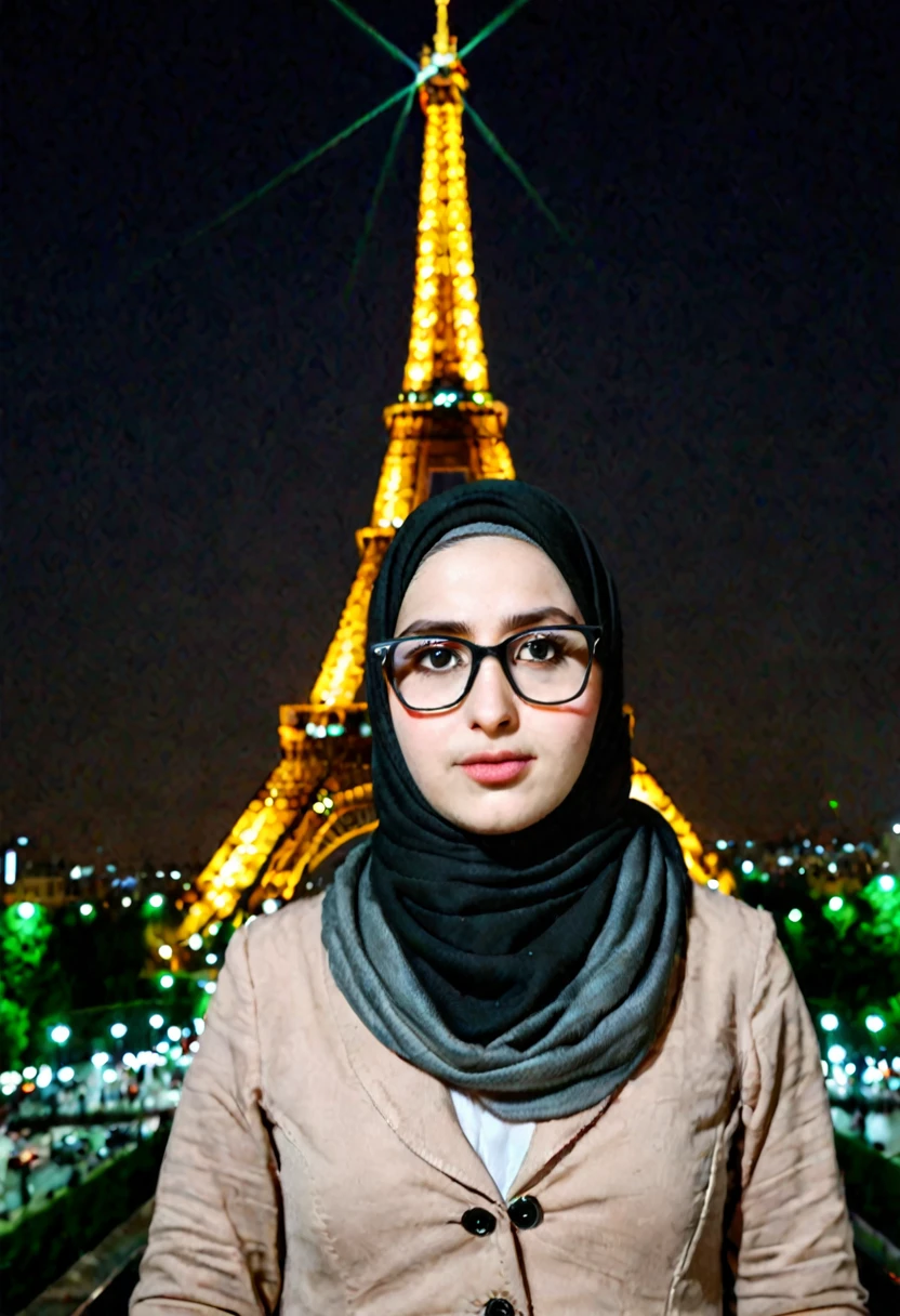 Slim fit weak Very Pale skin black eyebrows kurdish glasses  in tight hijab standing front Eiffel tower at night portrait  view from top 