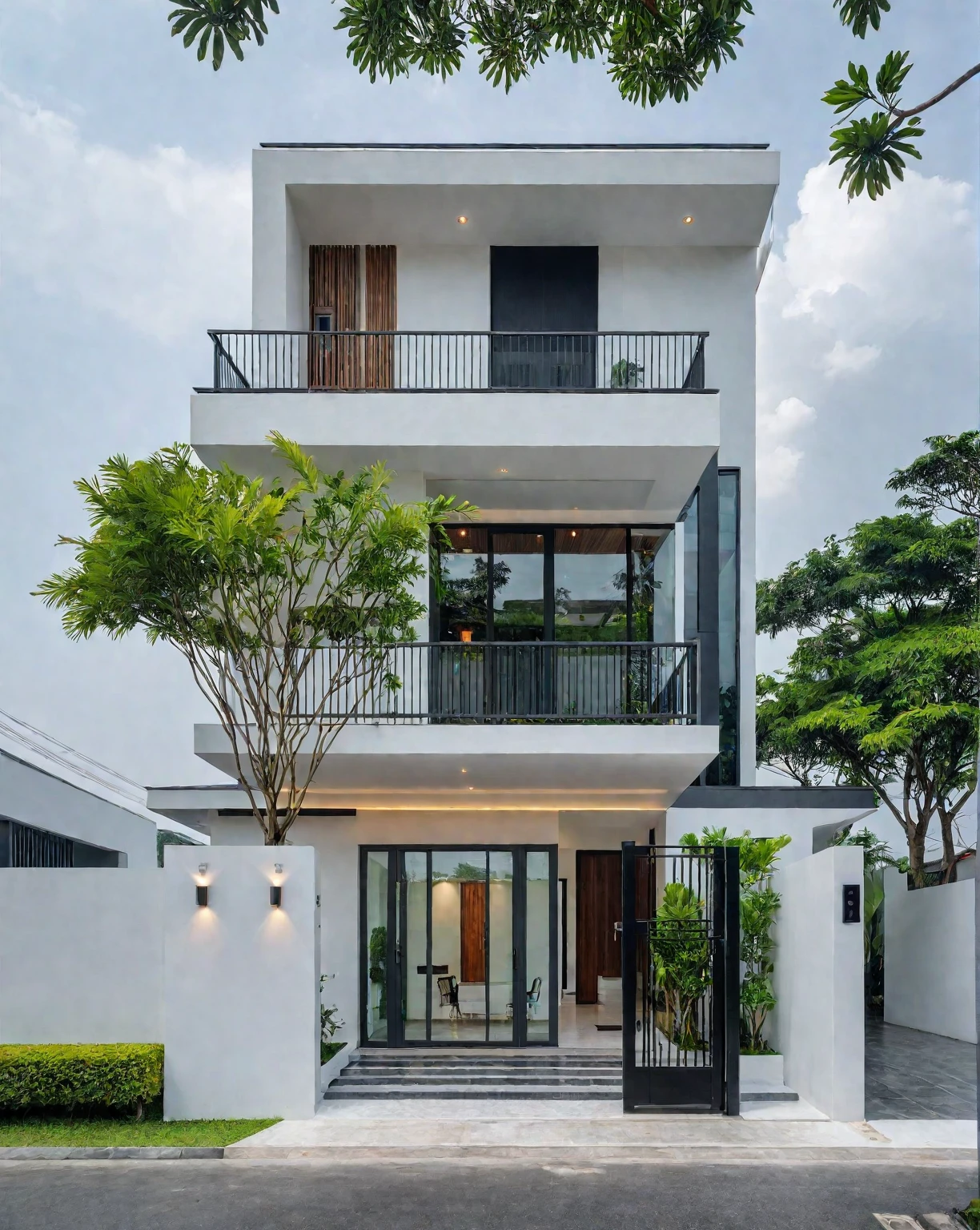 RAW photo, a photo of a modern villa, sidewalk, sidewalk trees, steel gate, road, viet nam modern residence, a car parked in front of it, rough white wall, new residential area, wide angle exterior 2022, contemporary house, exterior photography, masterpiece, contemporary architecture, overcast, indirect lighting