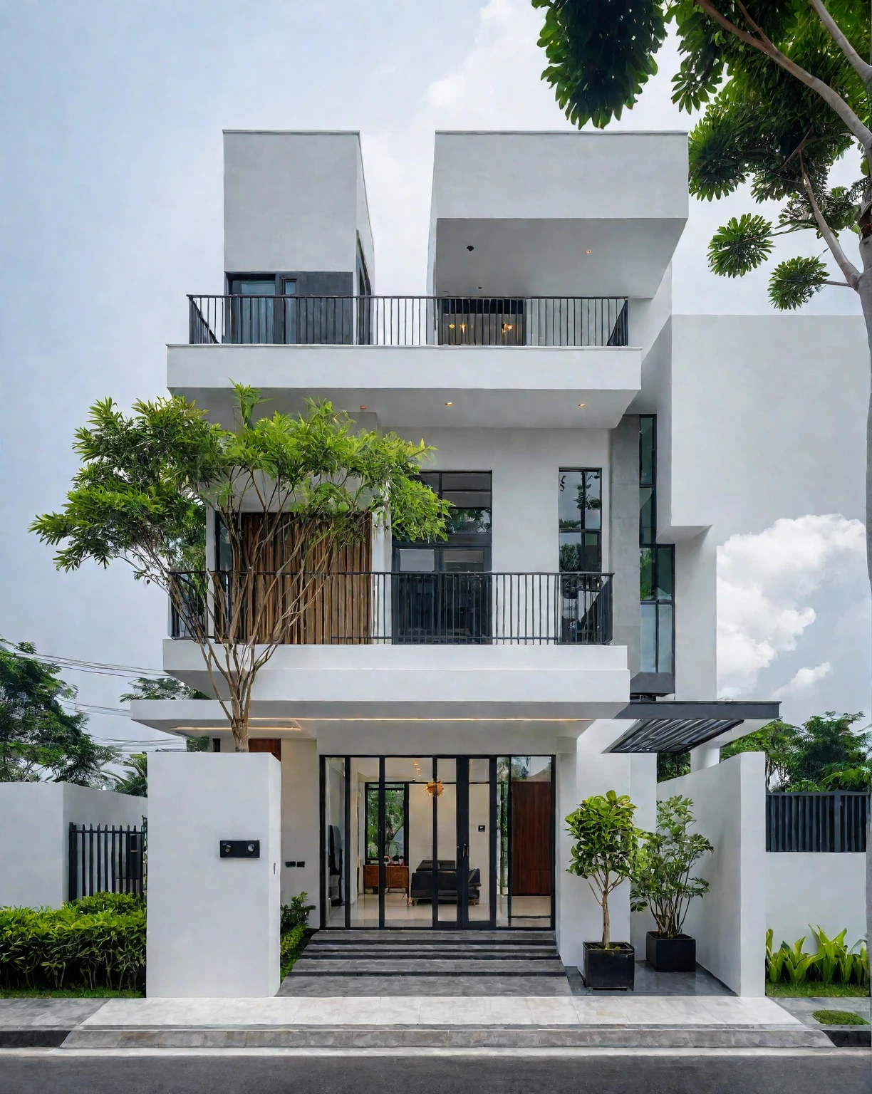 RAW photo, a photo of a modern villa, sidewalk, sidewalk trees, steel gate, road, viet nam modern residence, a car parked in front of it, rough white wall, new residential area, wide angle exterior 2022, contemporary house, exterior photography, masterpiece, contemporary architecture, overcast, indirect lighting