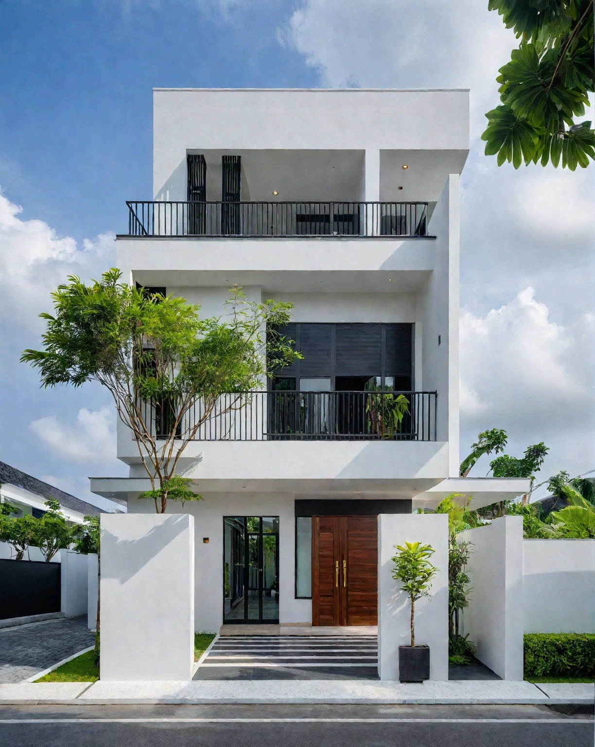 RAW photo, a photo of a modern villa, sidewalk, sidewalk trees, steel gate, road, viet nam modern residence, a car parked in front of it, rough white wall, new residential area, wide angle exterior 2022, contemporary house, exterior photography, masterpiece, contemporary architecture, overcast, indirect lighting