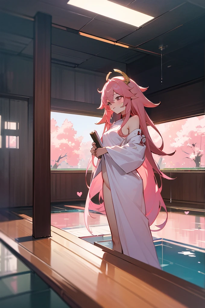 masterpiece, best quality, ultra-detailed, 4k, illustration, wide angle, yae_miko(genshin_impact), pink hair, anime, nude, naked, shower, small ,