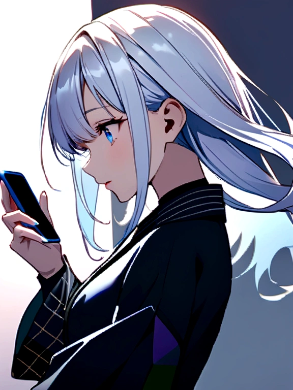 Background of the Stock Investment Chart Japanese 20th generation woman holding a smartphone, beautiful white hair and blue eyes