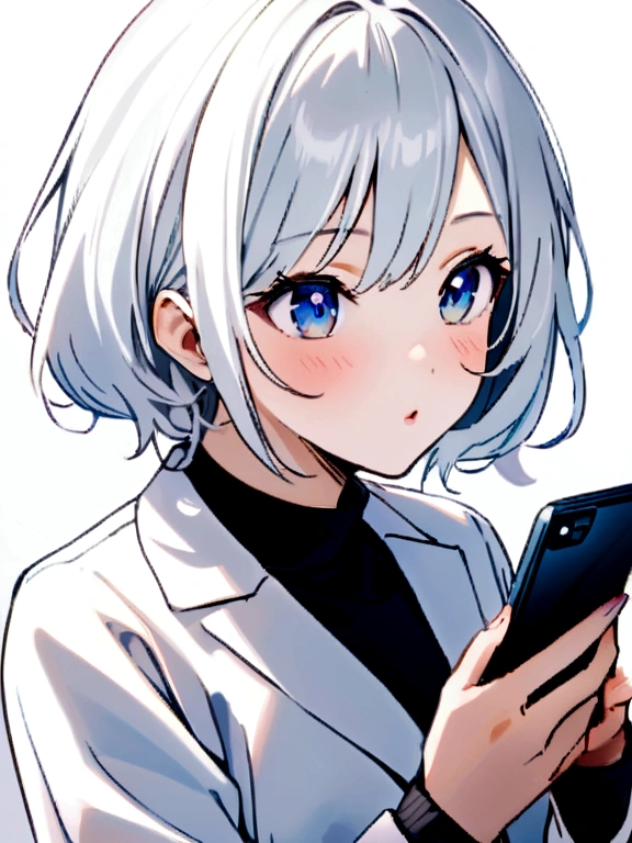 Background of the Stock Investment Chart Japanese 20th generation woman holding a smartphone, beautiful white hair and blue eyes