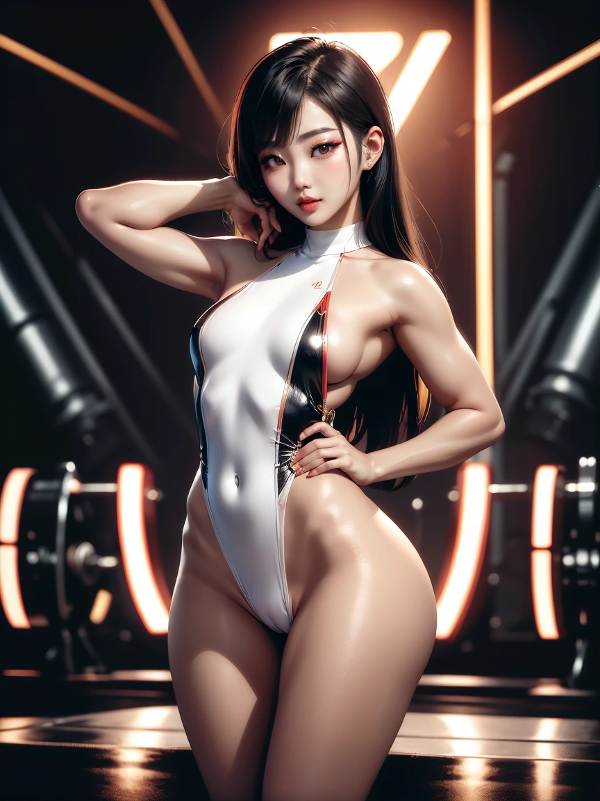 full body, slingshot swimwear, (Korean female bodybuilder:1.2) in her 30s, 4k, masterpiece, (highres, soft lighting, thicc hourglass figure), (absurdres:1.8), deep depth of field, sharp focus, alluring pose on stage, life like skin texture, muscular jaw, long hair with highlights, very round and (small breasts, dekatron:1.3), small glutes, Smirk, 70mm, remarkable use of texture form and natural colors, capturing the essence of reality without artificial manipulations, colors are subdued and muted, perfect shaped nipples