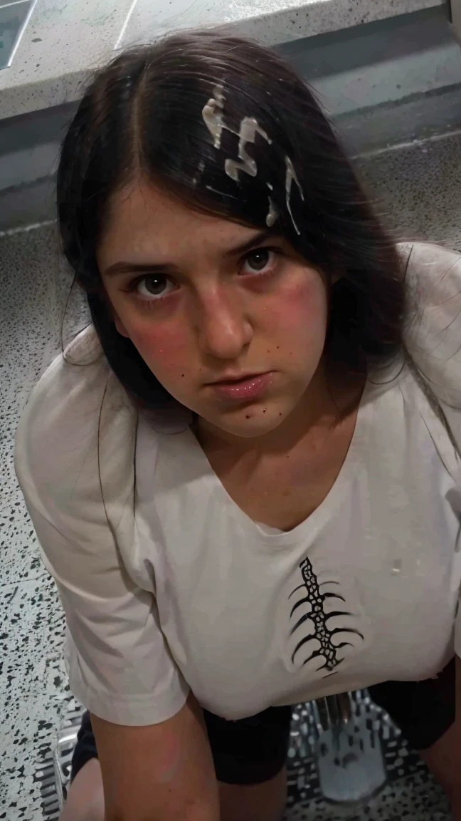 Elise , in a school bathroom , , , looking at the camera , ,, , , , , from above , , , from the front, , on all fours, angry face , , , bukkake cum on her face,