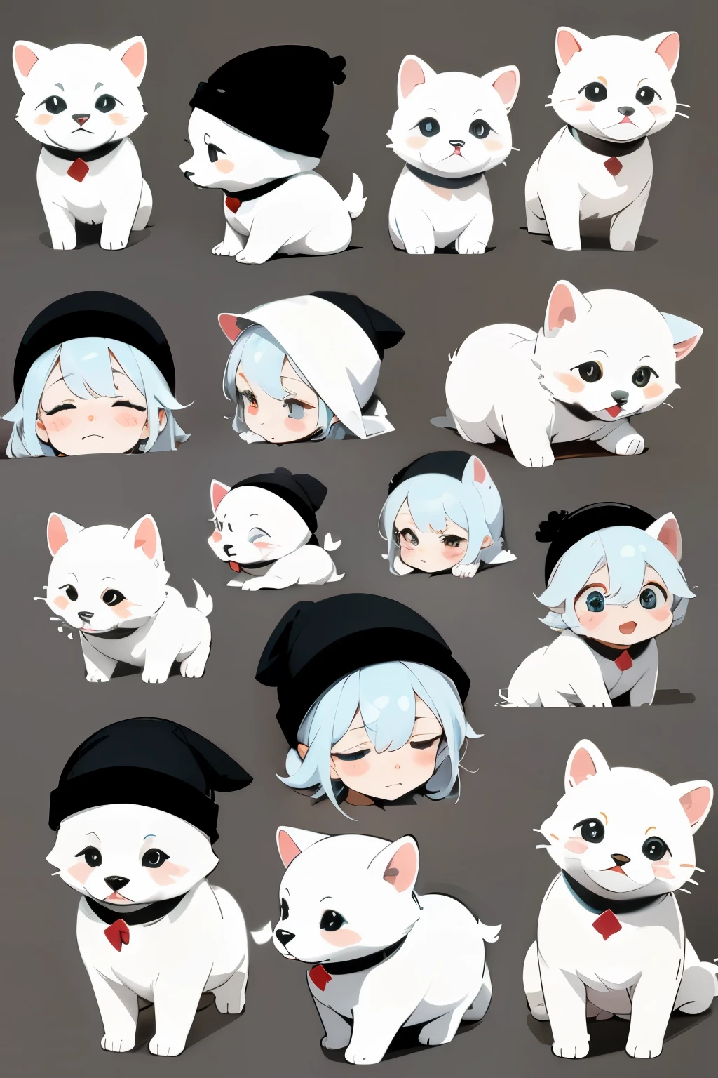 A set of 10 small pictures,The content is a white puppy,Black beanie eyes,With blush,have different emotions,Simple lines,Do not color,Hand-drawn style,There is frizzy hair on the top of the head