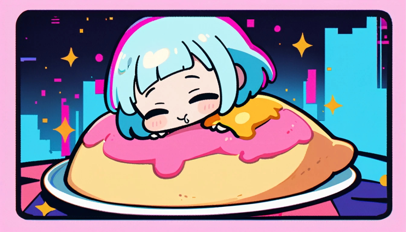 1 female, Light blue hair, short hair、Happy,cute, animation style, kawaii, clearly, colorful cyberpunk, bubblegum pop, cute、Pink and light blue as main colors、eating omelet rice、Anime Style、