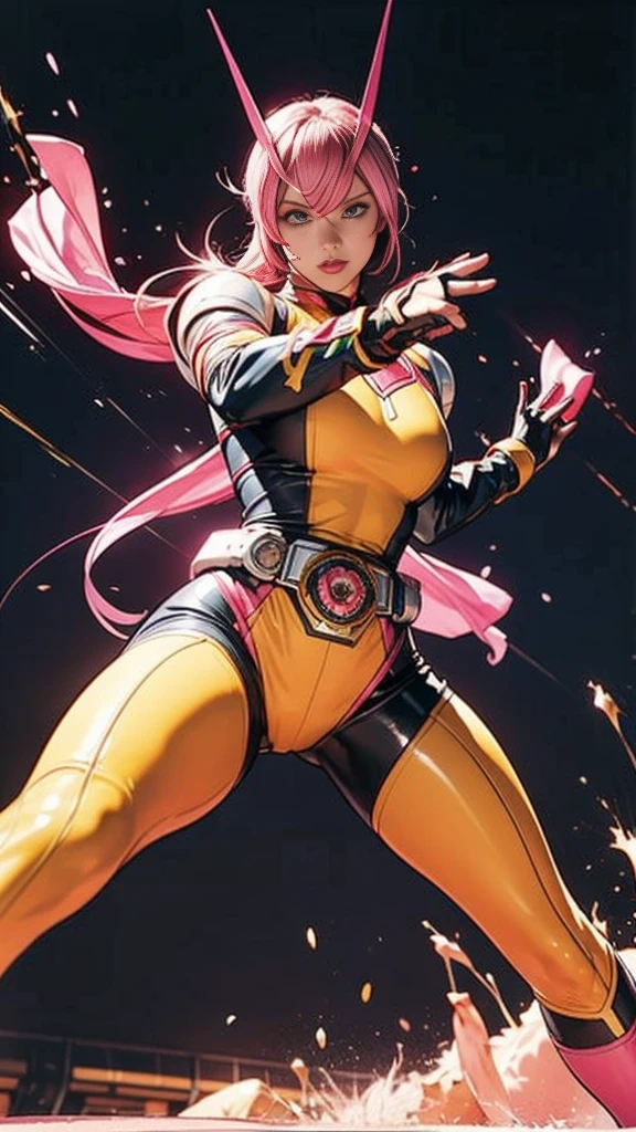 Solo, A brave and courageous image of a 6 member ranger team, Each one is decorated in vibrant colors such as:: ((Pink)), red is front of center, violet, Green, yellow, blue black, white,. Dynamic poses in a background that exudes energy and courage, neon, fire, plasma, Fluorescent, shocking, pink big bomber, splashing pink, running, fighting pose, action pose, Embodying the essence of the classic Sentai superhero team. Each Ranger:: The attire is sophisticated and modern, Each color has elements that reflect its theme., Ready for action. ((Camel Toe)), weapons, in sunset background , in cinematic lighting, cover art mixed cinema poster style,