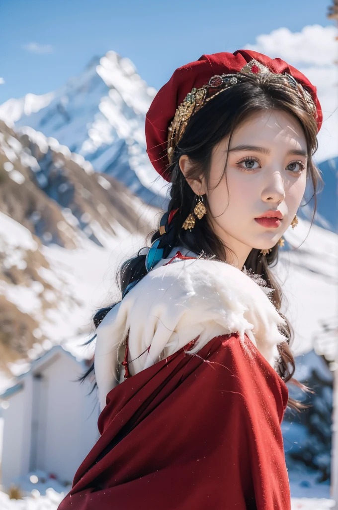 (masterpiece, best quality:1.2),red Tibetan clothing,1 Tibetan girl, blue sky, cloud, cloudy sky, day, earrings,Plush hat, horizon,Tibetan Earrings,jewelry,necklace, lips,snow mountain, outdoors, parted lips, red lips, solo, upper body,from back