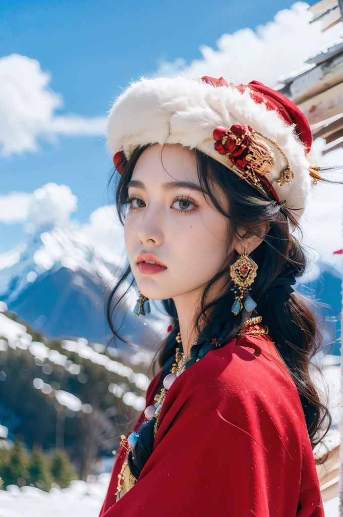 (masterpiece, best quality:1.2),red Tibetan clothing,1 Tibetan girl, blue sky, cloud, cloudy sky, day, earrings,Plush hat, horizon,Tibetan Earrings,jewelry,necklace, lips,snow mountain, outdoors, parted lips, red lips, solo, upper body,from back