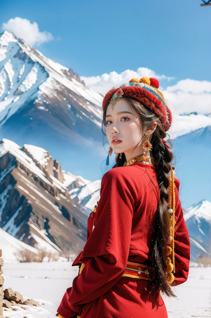 (masterpiece, best quality:1.2),red Tibetan clothing,1 Tibetan girl, blue sky, cloud, cloudy sky, day, earrings,Plush hat, horizon,Tibetan Earrings,jewelry,necklace, lips,snow mountain, outdoors, parted lips, red lips, solo, upper body,from back