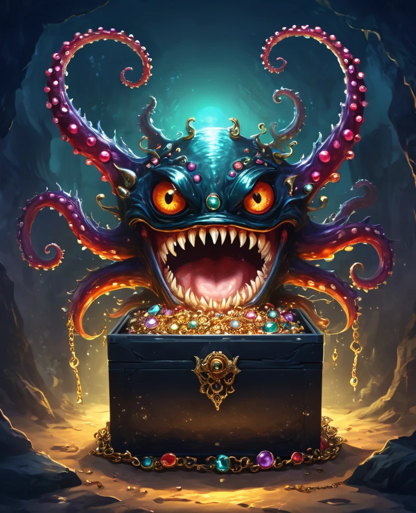 dark，Fear，imitate，Strange open lid box monster full of jewels - one eye - sharp teeth - ugly，Long tentacles，Scattered jewelry,greedy