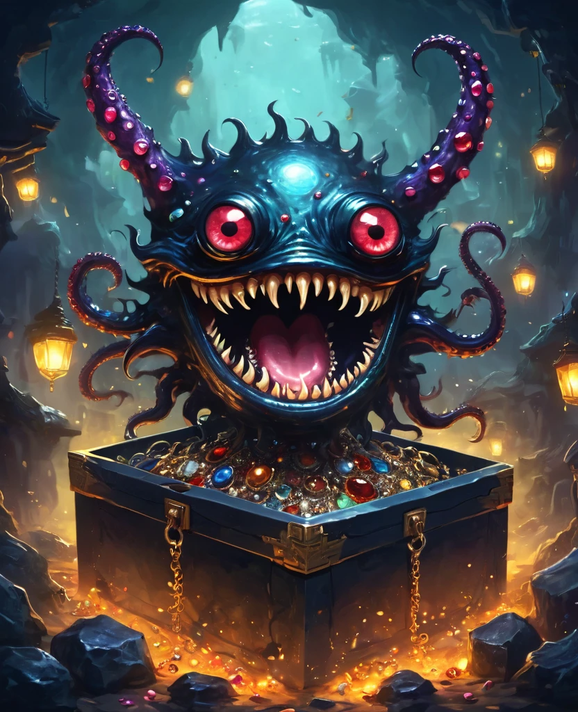 dark，Fear，imitate，Strange open lid box monster full of jewels - one eye - sharp teeth - ugly，Long tentacles，Scattered jewelry,greedy