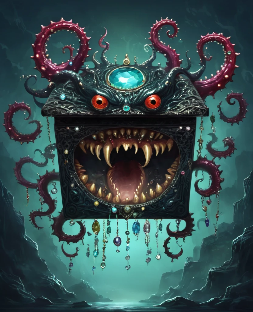 dark,Fear,imitate,Strange open lid box monster full of jewels - one eye - sharp teeth - ugly,Long tentacles,Scattered jewelry,greedy