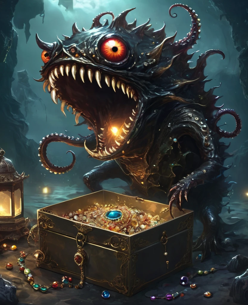 dark，Fear，imitate，Strange open lid box monster full of jewels - one eye - sharp teeth - ugly，Long tentacles，Scattered jewelry,greedy