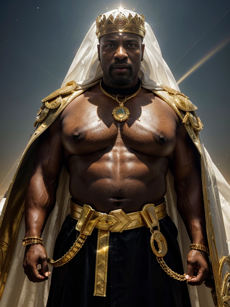 Hyperrealistic image of an elderly Senegalese man over 79 years old superhero king holy martyr Christian imperial warrior with rays of light coming out of his bald body with a huge crown of gold and gems and a halo of light with rays on his head super heavy and very fat very handsome bodybuilder with huge flabby pecs and very sweaty pointy nipples in a sky of very white clouds wearing only a leather and gold roman skirt and a velvet cape over his shoulders with an ermine collar