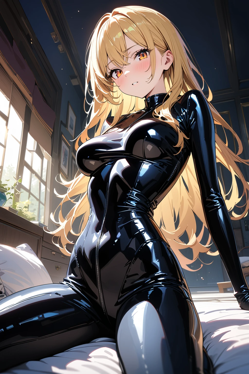 (masterpiece, best quality:1.5), (ultra detailed, high resolution, 8k, beautiful detailed, UHD, best anatomy), 1 cute girl, blonde hair, medium breasts, full bodysuit, latex, shiny clothes, Steamy space