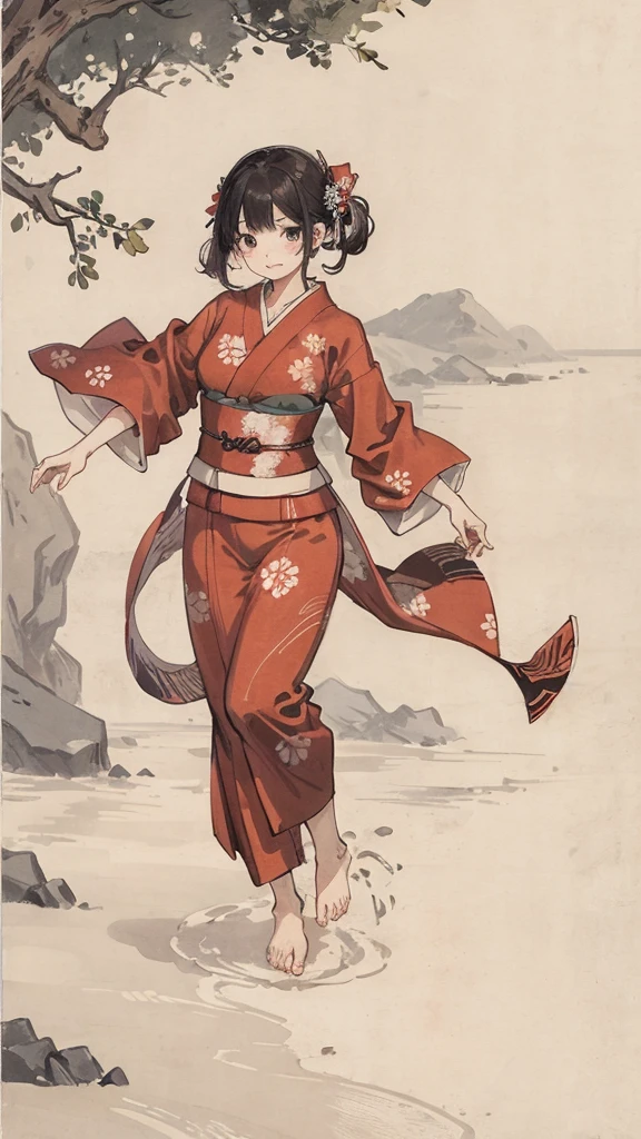 Wearing a red Japanese kimono、Barefoot girl playing in the sea