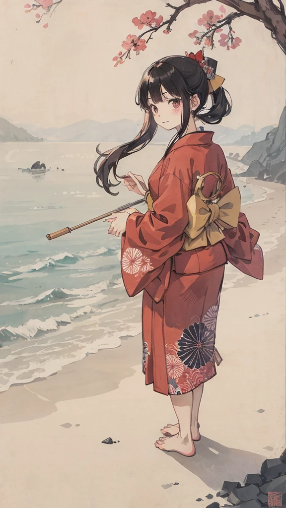 Wearing a red Japanese kimono、Barefoot girl playing in the sea
