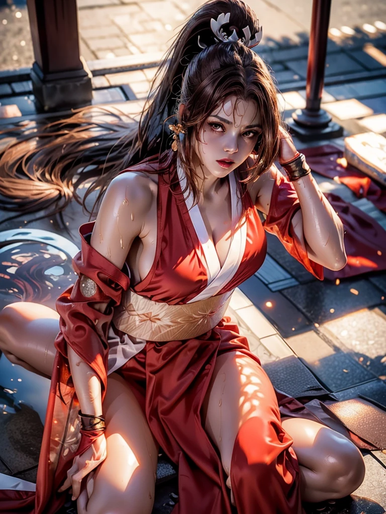 (exquisitely detailed CG unity 8k wallpaper, masterpiece-quality with stunning realism), (best illumination, best shadow), (best quality), (elegant style:1.2), Arti modern anime. angled view, heroic pose, midshot, (cel-shading style:1.3), centered image, ultra detailed closeup portrait of (Mai Shiranui:1) from (King of Fighters), best quality, expressive eyes, perfect face, highres, (ultra details), 1 girl, solo, brown hair, hair ornament, eyeshadow, gold, white and red qipao, highly ornamented, in the city of Japan, portrait, looking at the viewer, piercing eyes, full body, (light from the angle:1) (wind blowing:1.2).(depth of field effects:1.3) (motion action:1.2) (closeup:1.2) (angled closeup photography:1), (motion blur effects:1), wide angles, spreading feet, Thin to transparent,see-through,(((Soggy-kimono:1.2))),Lace fabric, (((water-immersed body: 0.9))),jewelry, relaxing pose, (dress on fire:.7), ((sitting:1))
