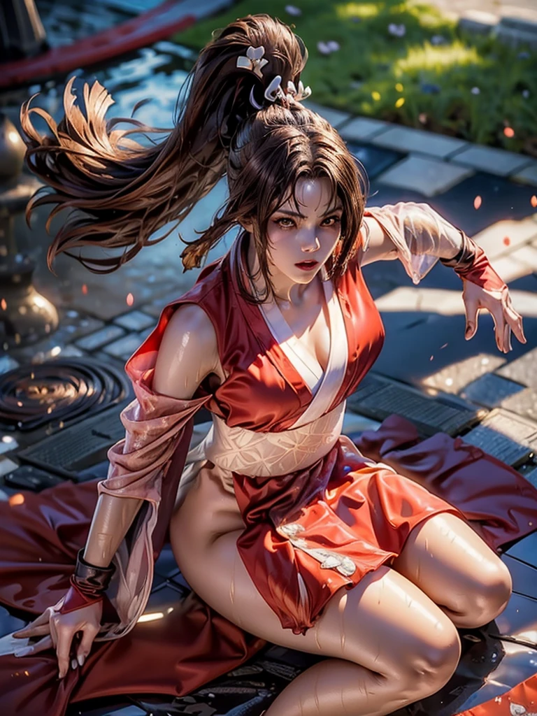 (exquisitely detailed CG unity 8k wallpaper, masterpiece-quality with stunning realism), (best illumination, best shadow), (best quality), (elegant style:1.2), Arti modern anime. angled view, heroic pose, midshot, (cel-shading style:1.3), centered image, ultra detailed closeup portrait of (Mai Shiranui:1) from (King of Fighters), best quality, expressive eyes, perfect face, highres, (ultra details), 1 girl, solo, brown hair, hair ornament, eyeshadow, gold, white and red qipao, highly ornamented, in the city of Japan, portrait, looking at the viewer, piercing eyes, full body, (light from the angle:1) (wind blowing:1.2).(depth of field effects:1.3) (motion action:1.2) (closeup:1.2) (angled closeup photography:1), (motion blur effects:1), wide angles, spreading feet, Thin to transparent,see-through,(((Soggy-kimono:1.2))),Lace fabric, (((water-immersed body: 0.9))),jewelry, relaxing pose, (dress on fire:.7), ((sitting:1))