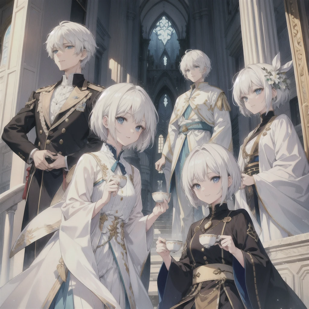 (((White Hair Short Hair blue eyes noble))) ((Noble clothes Drinking tea)) (smile) Shining Edge