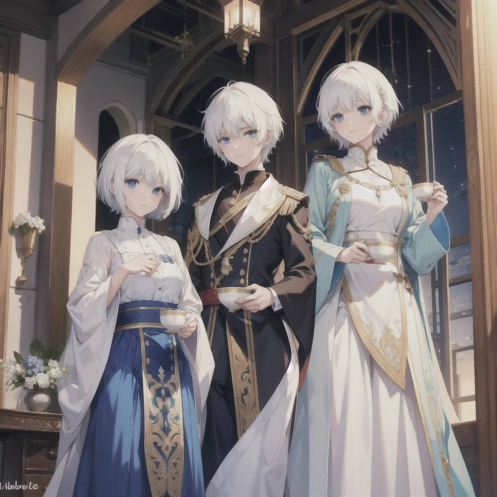 (((White Hair Short Hair blue eyes noble))) ((Noble clothes Drinking tea)) (smile) Shining Edge
