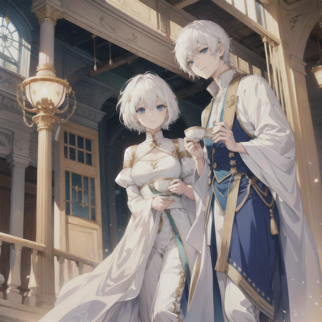 (((White Hair　Short Hair　blue eyes　noble)))　((Noble clothes　Drinking tea))　(smile)　Shining Edge