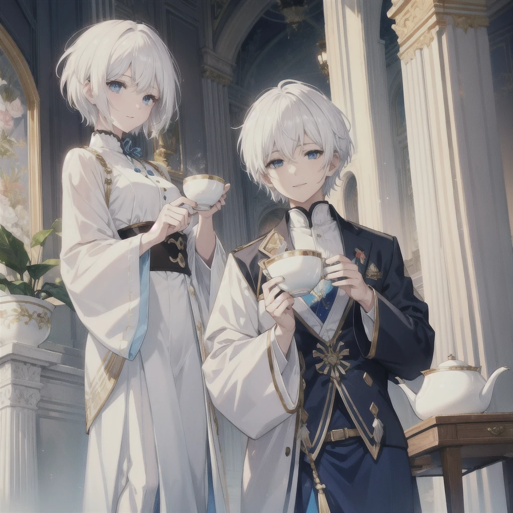 (((White Hair　Short Hair　blue eyes　noble)))　((Noble clothes　Drinking tea))　(smile)　Shining Edge