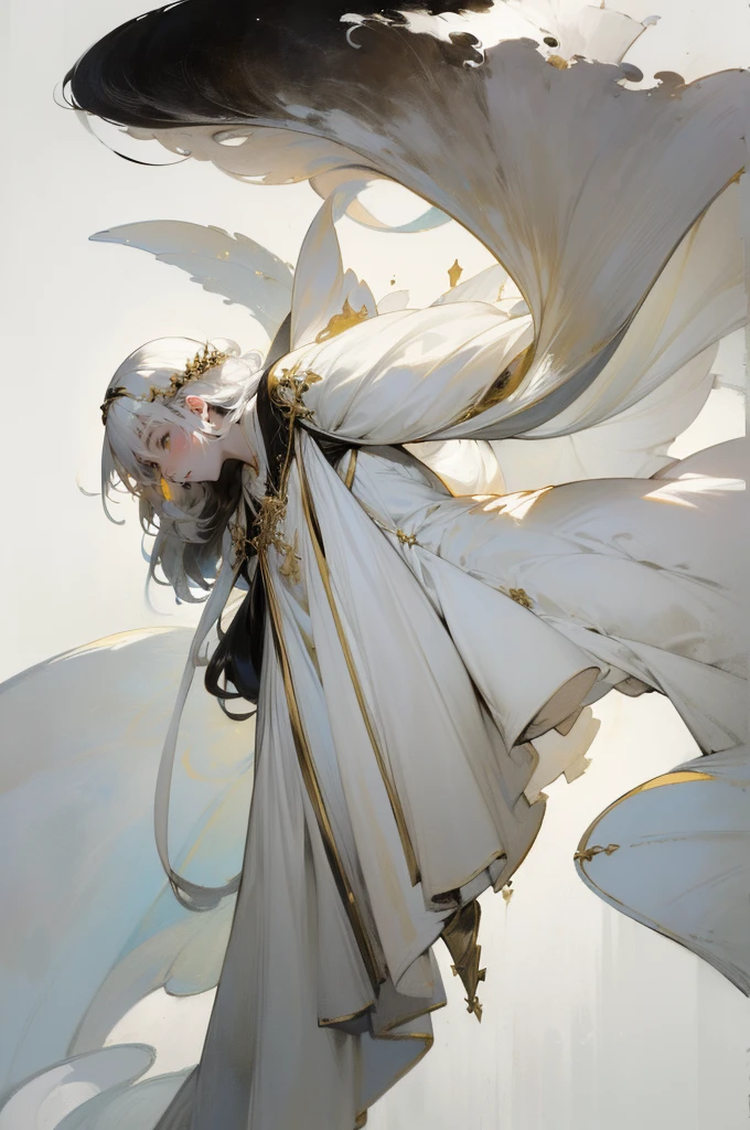 (1girll :1.4)(Warm tones :1.4)toplight,warm lights,faeries, Robe, White gauze texture, Remote,Black hair, long whitr hair, A natural soothing expression,(White color scheme:1.8), Bare legs, (Floating in the air :1.4),(Long skirt :1.4), Mature female face, Complex tree background, Golden helmet, Holy, Solo, the wallpaper, epic feels, looking up at camera, From below,)ultra-wide-angle:1.4), Aura, Feel nature, Look up at the,the complex background,Complicated details