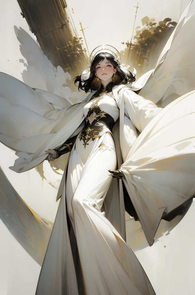 (1girll :1.4)(Warm tones :1.4)toplight，warm lights，faeries, Robe, White gauze texture, Remote，Black hair, long whitr hair, A natural soothing expression，(White color scheme:1.8),  legs, (Floating in the air :1.4),(Long skirt :1.4), Mature female face, Complex tree background, Golden helmet, Holy, Solo, the wallpaper, epic feels, looking up at camera, From below，)ultra-wide-angle:1.4), Aura, Feel nature, Look up at the，the complex background，Complicated details