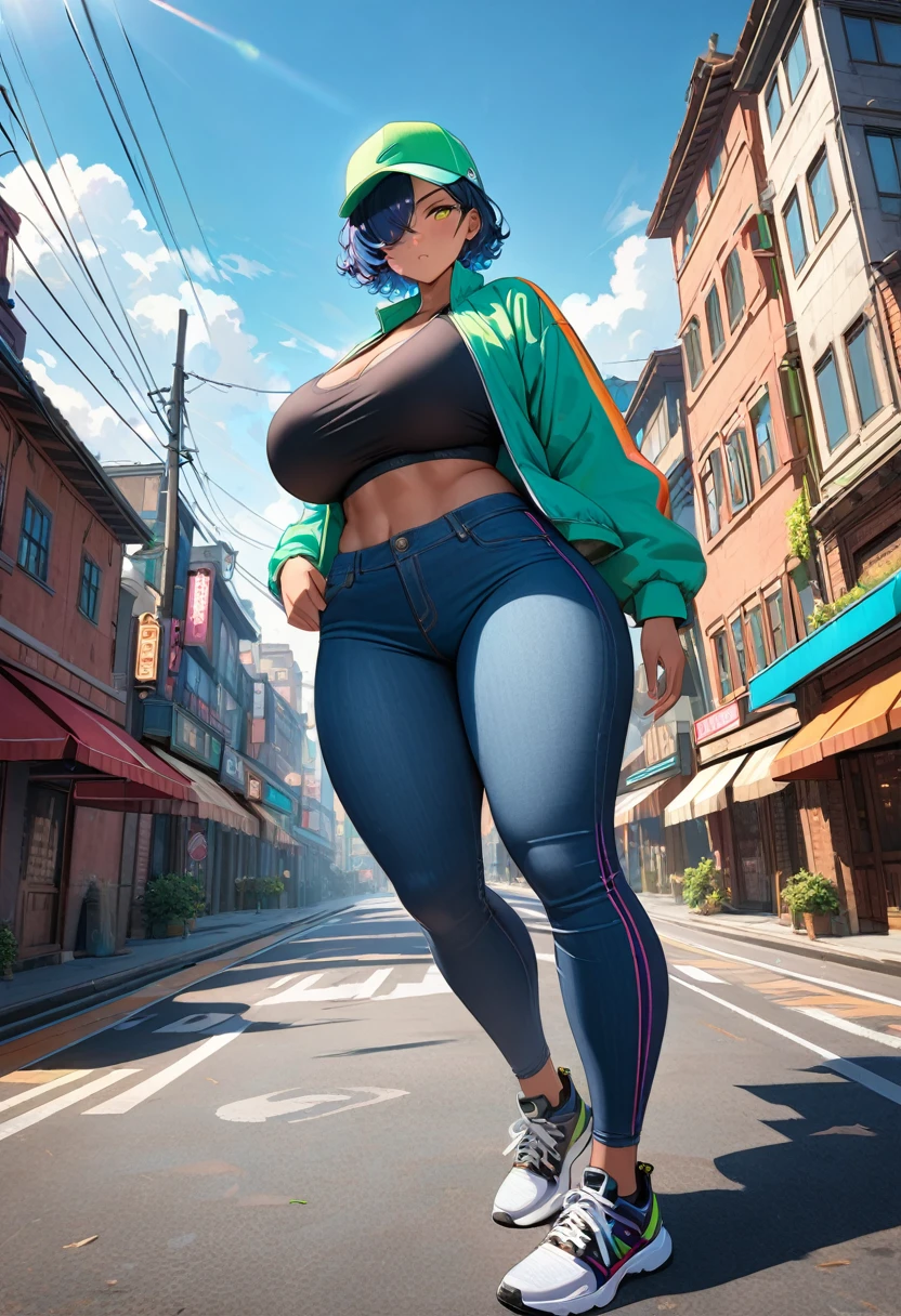 8k,UHD,Top-quality,Ultra high definition 8K illustration wallpaper,Super high resolution,Masterpiece,Intricately detailed,Blurry background,Depth of field,Tonemapping,Sharp focus,Trending on Artstation,Looking at viewer,Dynamic angle,Full body,1girl,Solo,(Tomboy),(Sporty girl),(Tall girl),Gigantic breasts,(Dark skin),(Colorful sports cap),(Open colorful jacket),(Black Compression sports bra),(Denim leggings),(Jeggings),(Denim),(Jeans),(Black sneakers),Very short hair,Curly hair,Dark blue hair,Green inner hair,Hair over one eye,Heterochromia,Golden right eye,Green left eye,Black eyelids,Black eyeshadow,Expressionless,Blue sky,City,Outdoors,Thick thighs,Glowing,Sunlight,Wide shot