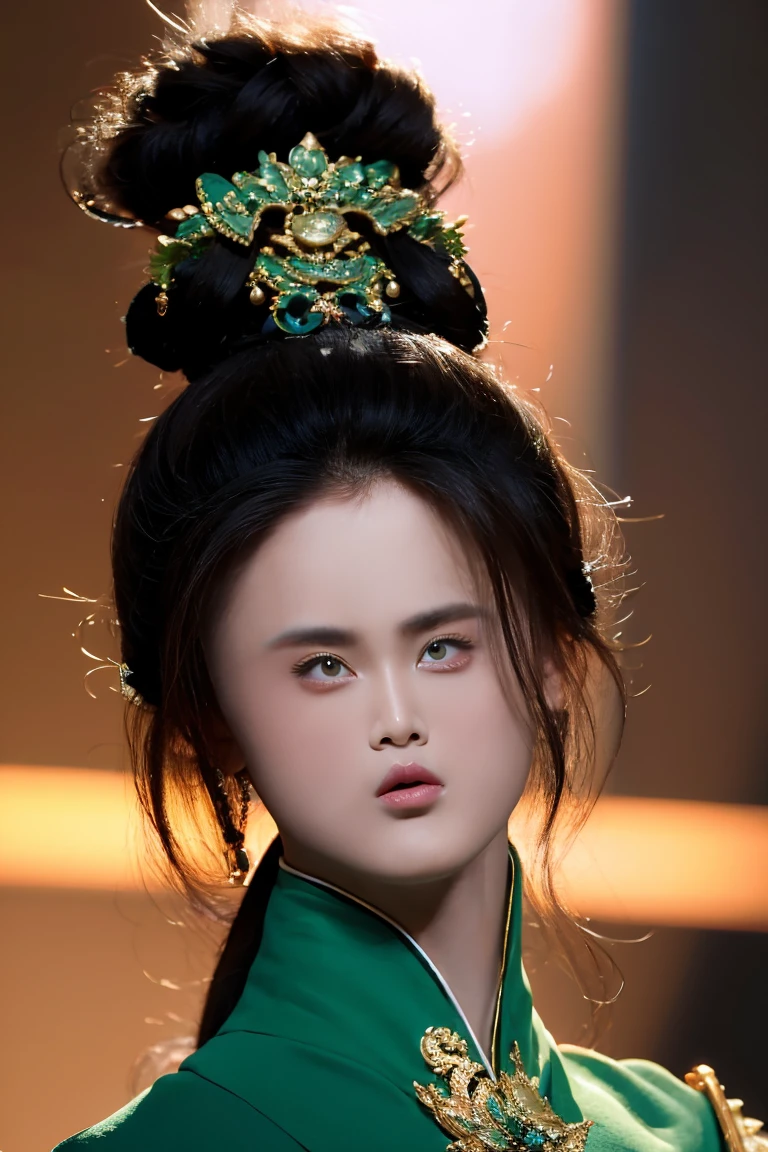 smol_face person,(masterpiece, best quality:1.2), solo,elegant girl, striking pose, exquisite detailed features, piercing eyes, sharp nose, sensual lips, ornate clothing, symmetrical composition, cinematic lighting, dramatic chiaroscuro, rich color palette, high contrast, digital art, photorealistic,xianxia,anatomical correct:2,green,blue,yellow,