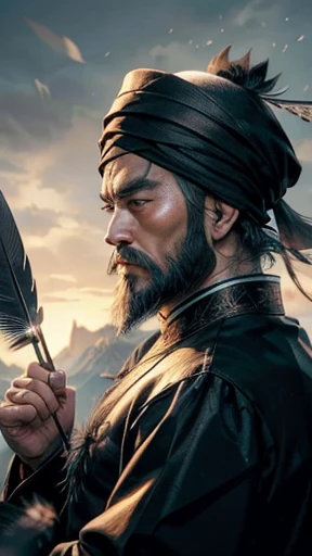 alone、Oriental、Ancient Chinese man in black costume、Feather fan(Handle Feather Fan)、(Wooden handle)、(It is made of many black feathers)have、Highest quality、masterpiece、Ultra-high resolution、(Realistic:1.4)、Game Poster、Crisp and beautiful image quality、(Bearded Man),Ancient Chinese hairstyle with a large plain white beret loosely covering the head like a turban、