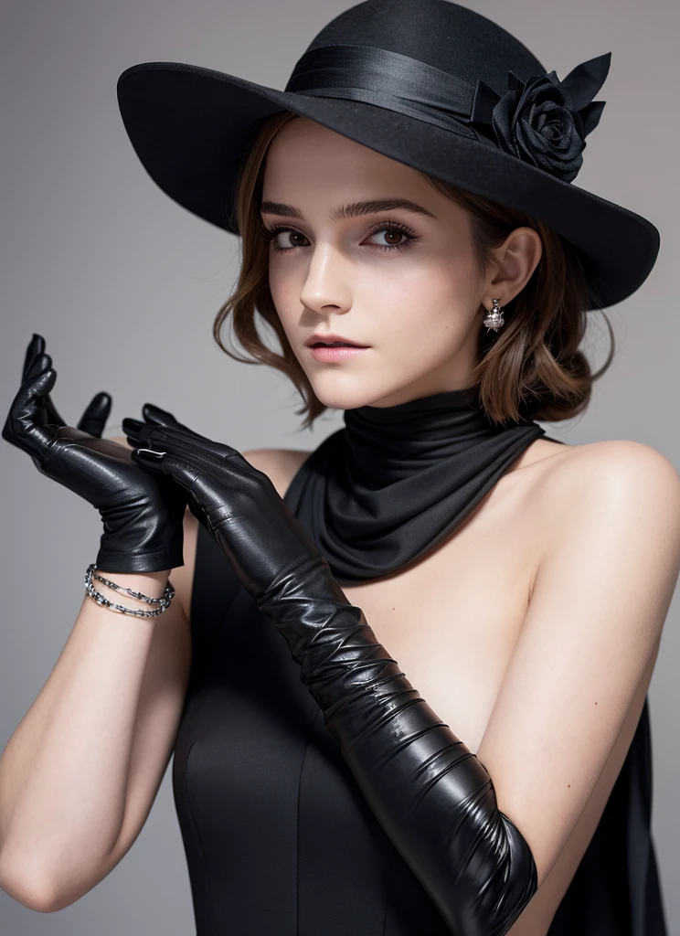 Close-up of a woman in a black dress and gloves, Gloves and jewelry. motion, Black gloves, Emma Watson(Catwoman), chaumet, chaumet style, Hand Jewelry Model Photos, ブラックキャナリー役のEmma Watson, Emma Watson(『Victorian Secrets』), Jessica Alba Women, ドリアダ役のEmma Watson, Emma Watson(cosmopolitan), Emma Watsonがグッチのモデルに
