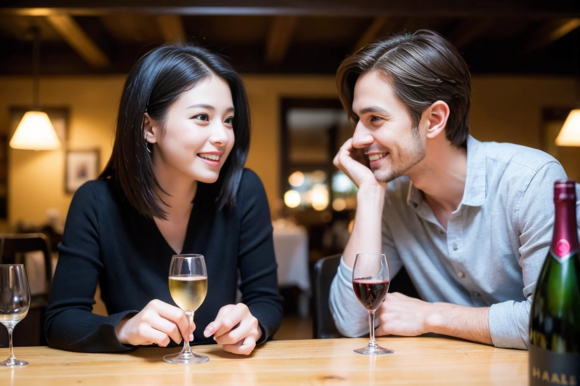 ((Highest quality、8K、masterpiece:1.3))、Sharp focus:1.2、Beautiful woman perfect body:1.4、最高のsmile、1 male 1 female、Beautiful couple、love love love、Slim lover、Good friends、actress couple、smile、Full-course dinner at a packed table、Slim body、Slim body、((Bob Hale、Straight hair:1.2))、(to be born, Highest quality, masterpiece:1.5), (Realistic, Intricate details:1.2), Wine glasses on the table、Put the light on your face、 Amazing view of the sunset sky and clouds、Amazing mountain views、ニコニコ明るいsmile、smileの素敵な女性、Bright image、2. The beauty of wine, Beautiful Face, blue eyes, The light shines on your face, Blushing, short hair,Bright Face、 (43 years old), 39 years old, Lady、red wine 、Appetizers、Italian food、Wine bottle、Champagne、sparkling wine、Two beauties、Brown Hair、Shortcuts、Long sleeve shirt、dress、