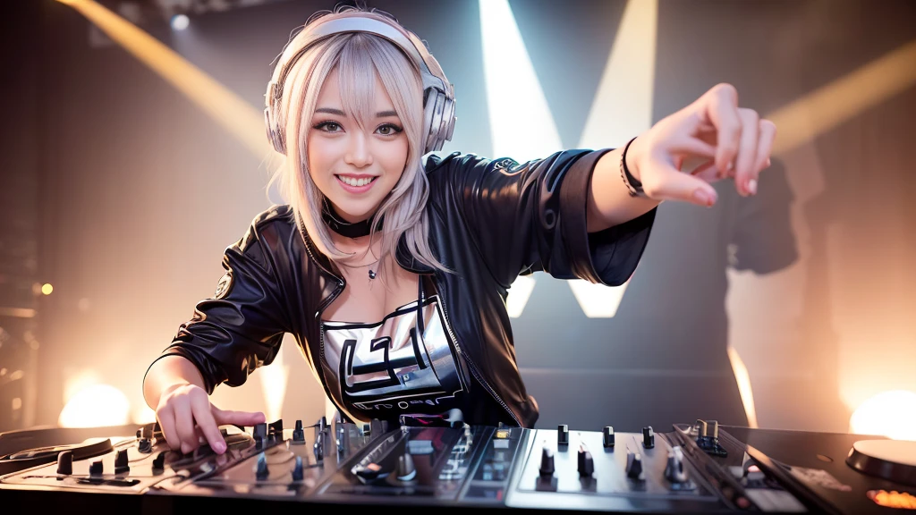 (ultra - detailed, 16K resolution, Cinema lenses, rendering by octane), (high resolution:1.18), intricate detail, (masterpiece:1.1), (highest quality:1.1), (1girl, portrait, white hair, blue eyes, short hair, detailed eyes),Wearing silver DJ headphones, Shiny silver sequined T-shirt, (Iconic hip-hop pop costumes:1.3), Smile while DJing on stage, full body shot of, The spotlight shines on the female DJ. Photorealistic photography by Disco Lighting, (cute round face:1.3), perfect fingers, five fingers, beautiful hands, perfect hands. master peace, cute smile.