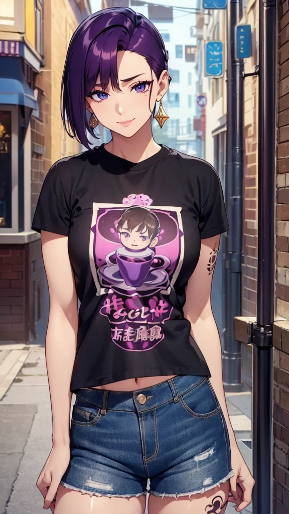((8K resolution))、((highest quality))、((masterpiece))、((Super detailed))((((dramatic))), (anatomically correct)、Depth of object being written、look at the camera、one person、one personのJK、smile、Laughter、Cover your mouth with your hands、close one eye、shed tears、front、Narrow frame, elegant posture, thin fingers, Willow-like limbs, Great presence,(undercut hairstyle)、gold earrings、purple eyes、tattoo、(T-shirt、shorts)、(theme、whole body:1.1), ネオンpunkスタイル、punk、alley、(Cafe、drink coffee)