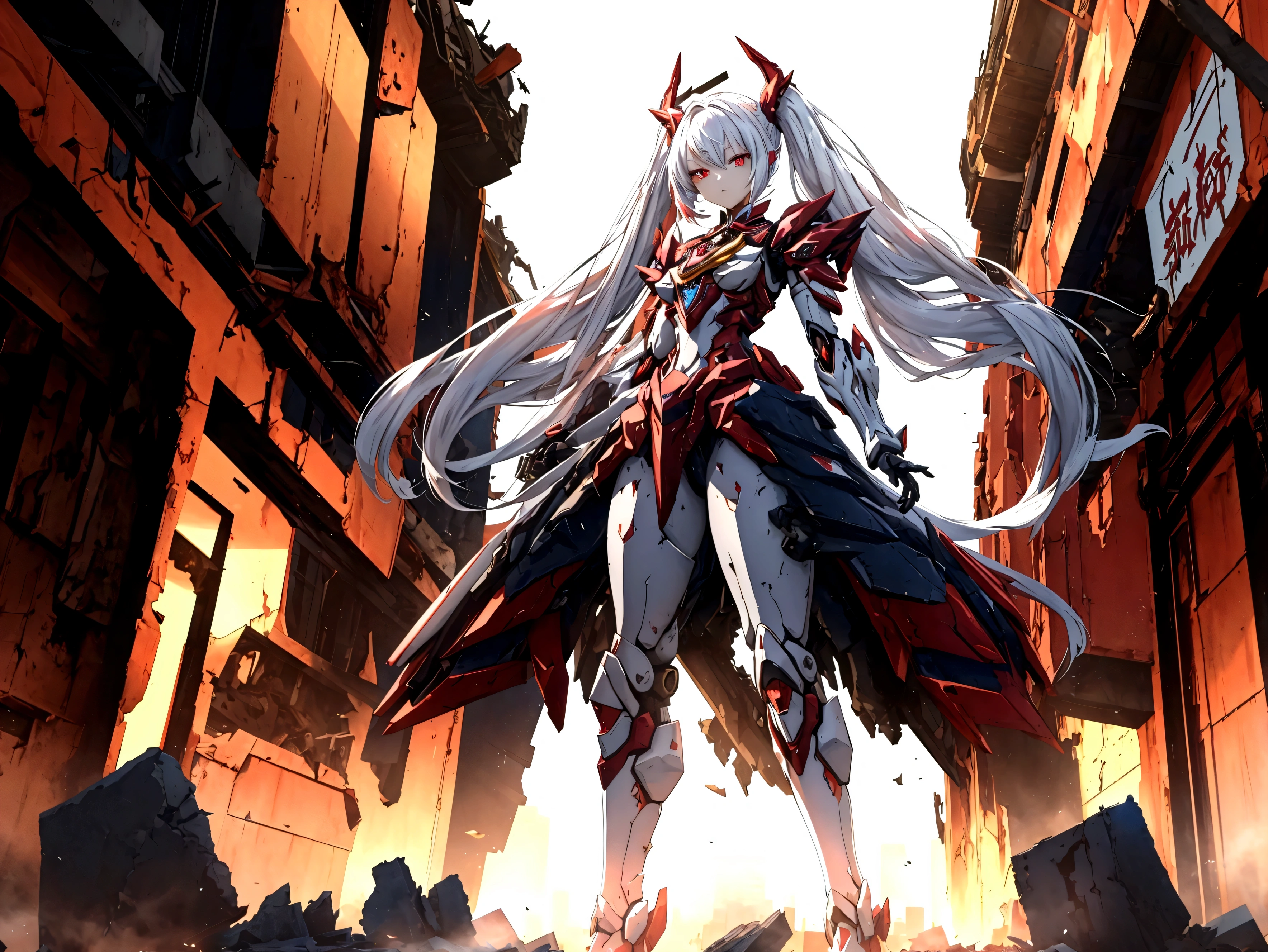 A striking mecha-style magical girl with long, white hair styled elegantly in twin tails, framing her striking red eyes. She stands confidently, her entire body turned towards the viewer, clad in a crimson-colored, intricately designed magical girl-inspired mecha armor. The suit encompasses her from head to toe, emphasizing her feminine curves. The background shows a desolate and destroyed cityscape, littered with rubble and debris, reflecting the aftermath of an apocalyptic battle or a cataclysmic event. The mecha magical girl appears to be standing amidst the ruins, her expression calm and resolute, as if she is the harbinger of hope in this desolate landscape.