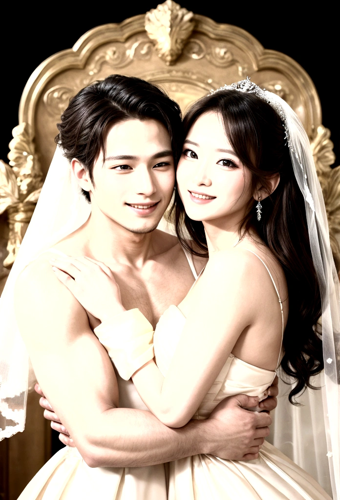 The beautiful bride is hugging the handsome groom, they look at each other and smile happily
