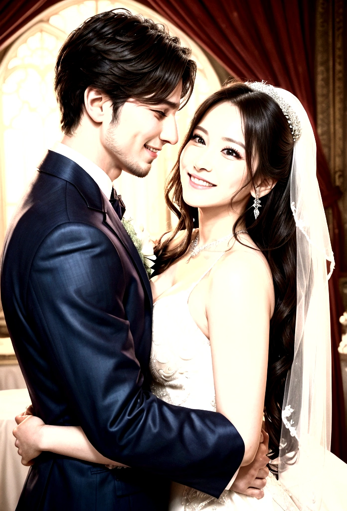 The beautiful bride is hugging the handsome groom, they look at each other and smile happily