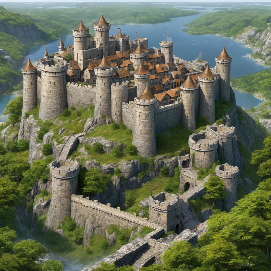 (best quality)), ((masterpiece)), ((realistic,digital art)), (super detailed), gigantic gneiss fortress in a walled city, very important fortifications, (gigantic, very slender towers), (medieval fantasy style)