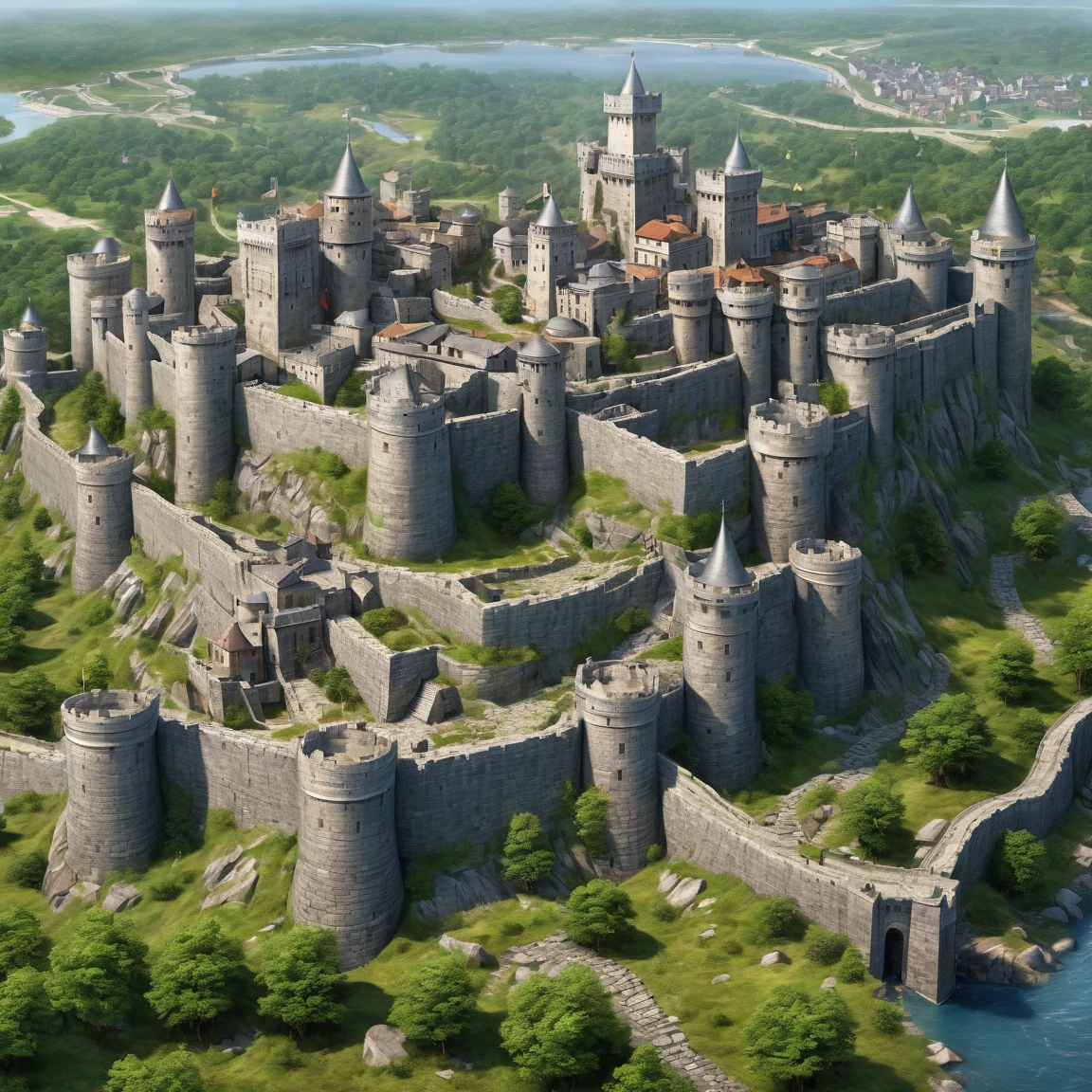 (best quality)), ((masterpiece)), ((realistic,digital art)), (super detailed), gigantic gneiss fortress in a walled city, very important fortifications, (gigantic, very slender towers), (medieval fantasy style)