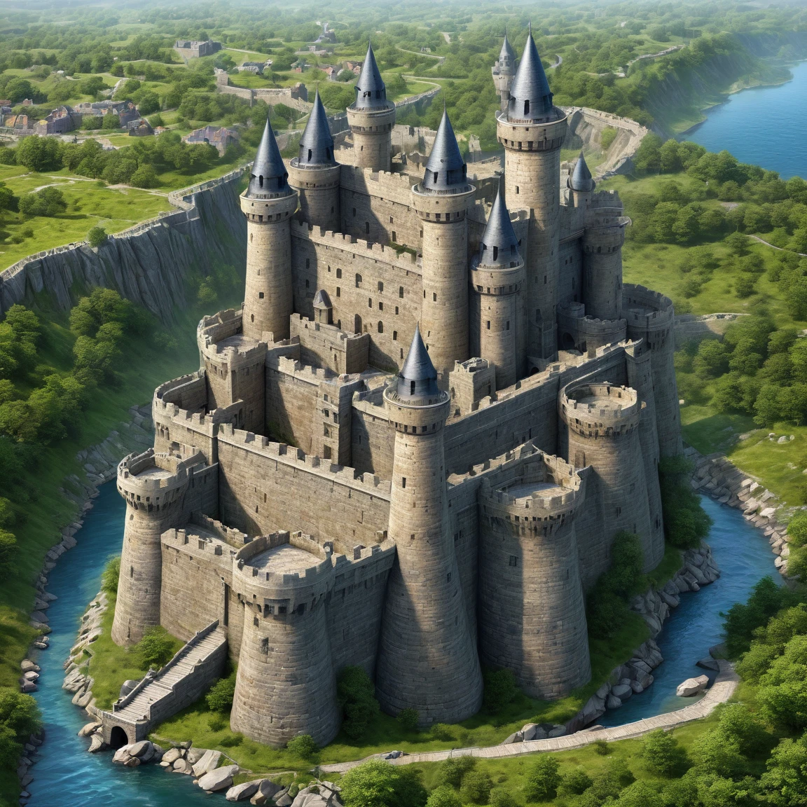(best quality)), ((masterpiece)), ((realistic,digital art)), (super detailed), gigantic gneiss fortress in a walled city, very important fortifications, (gigantic, very slender towers), (medieval fantasy style)