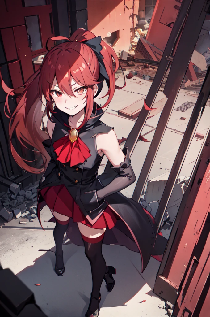 Highest quality, masterpiece, One Girl,Not beautiful, Red Ponytail, Long dress, brooch, Hair Ribbon, - Elbow hand pockets, Black knee socks, Standing on the rubble,Red light street, (Wicked Smile:1.1), ,,Dark shadowed face,Sadistic smile,Malice,Contempt,smile,latex,Bad face,,Red Skirt,Raging Thunder