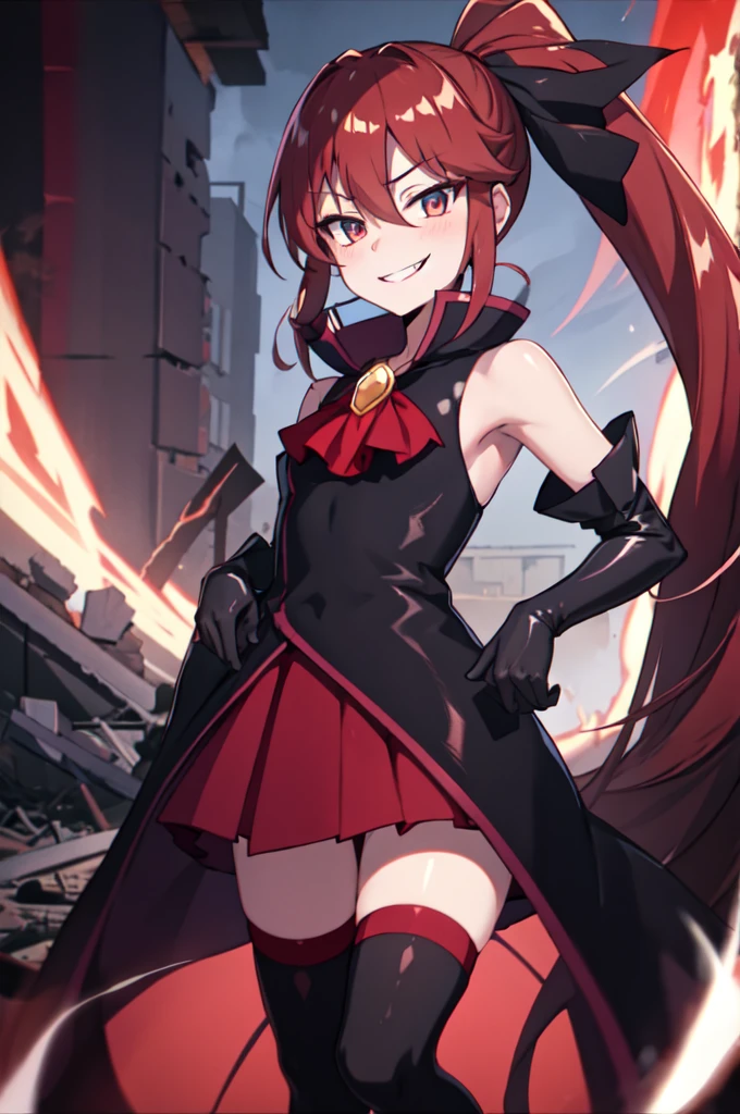 Highest quality, masterpiece, One Girl,Not beautiful, Red Ponytail, Long dress, brooch, Hair Ribbon, - Elbow hand pockets, Black knee socks, Standing on the rubble,Red light street, (Wicked Smile:1.1), ,,Dark shadowed face,Sadistic smile,Malice,Contempt,smile,latex,Bad face,,Red Skirt,Raging Thunder