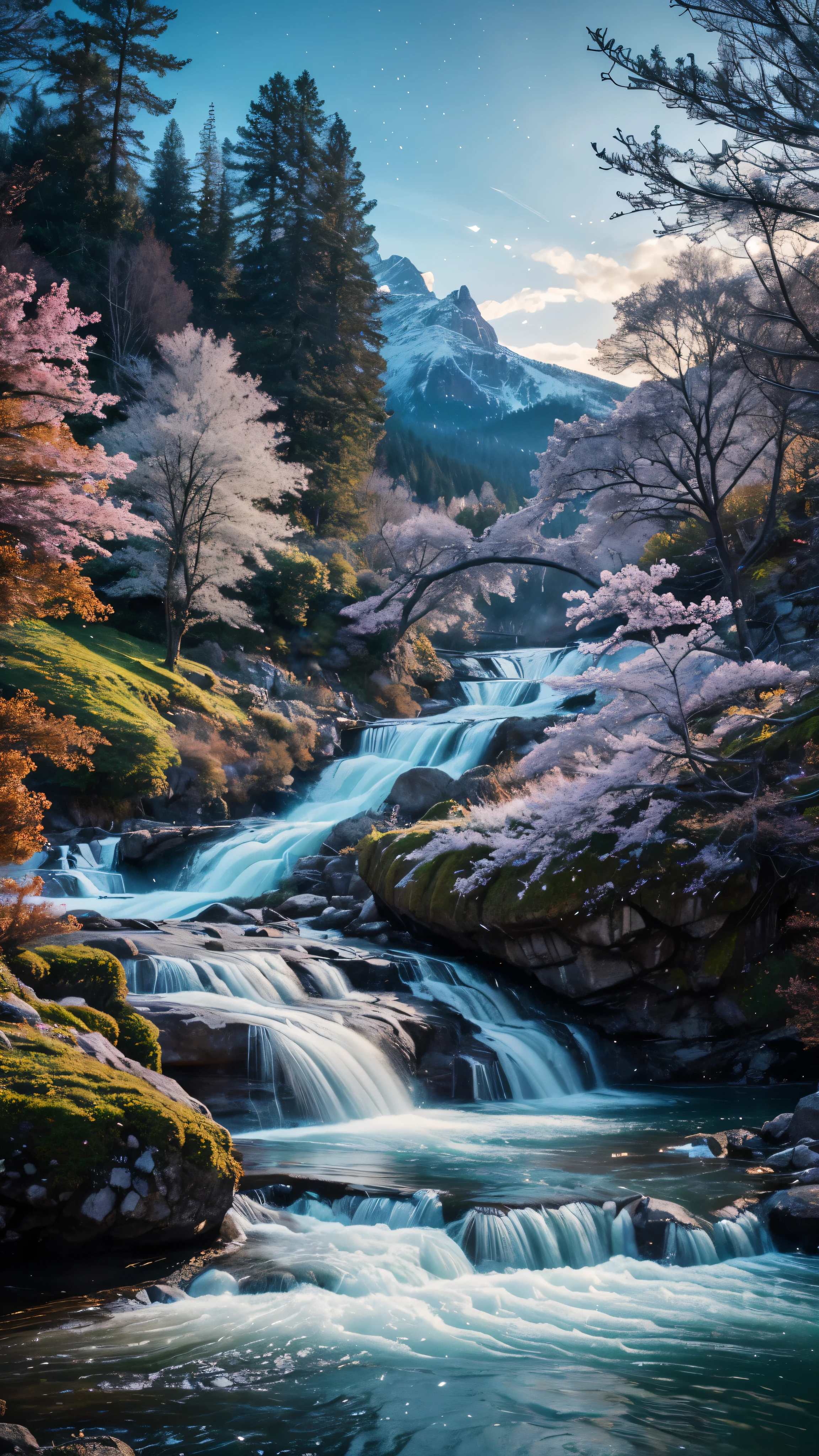 Majestic Mountain々The scene of water flowing into the water is exquisitely rendered.、A breathtaking 8K CG Unity masterpiece featuring a waterfall-like waterfall。This award-winning photo is trending on both ArtStation and CG Society、Sparkle、With intricate droplets and drops that appear to sparkle、Showcasing dramatic and highly detailed landscapes。The dynamic angles of the water and the sparkle of beautiful detail create immersive and captivating scenes.、HDR、Bloom、chromatic aberration、Enhanced by the bokeh effect、Highlights high contrast and excellent lighting。This exquisite work of art