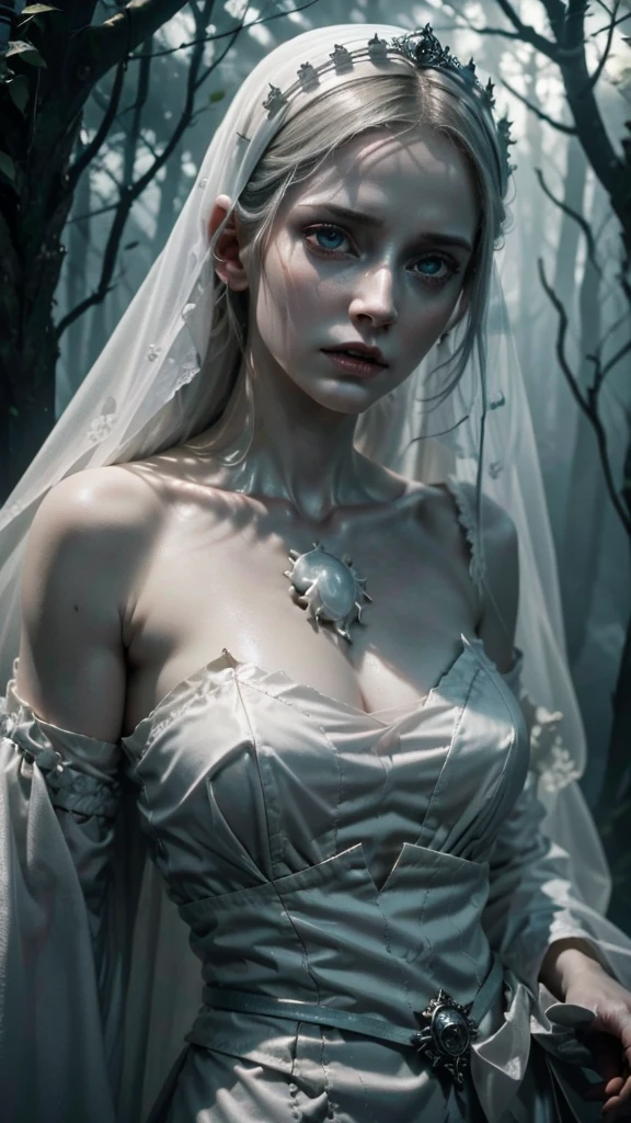 A hyper-realistic, 8k rendering of the scariest white lady ghost ever captured. The ghostly figure has a gaunt, pale face with sunken eyes and sharp fangs, and her long white dress is stained with dark, congealed blood. Her hollow eyes gazing with an unnerving intensity. The close-up image is set against a dark and ominous forest, where a faint whisper of wind can be felt. The detailed skin texture and realistic lighting create an eerie and spine-chilling atmosphere.